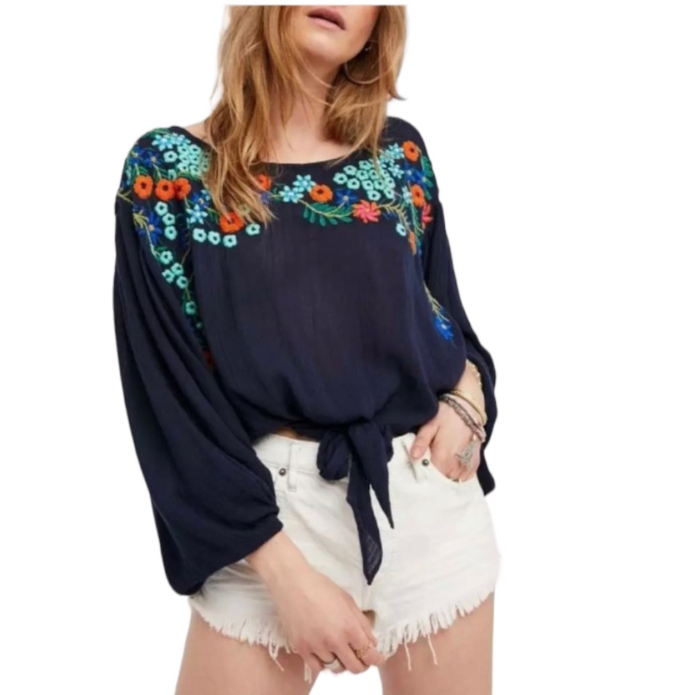 Free People Up & Away Embroidered Top in Indigo Blue Size S